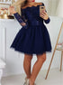 Long Sleeves Off The Shoulder Blue Beadings A Line Tulle Homecoming Dresses LBQH0050
